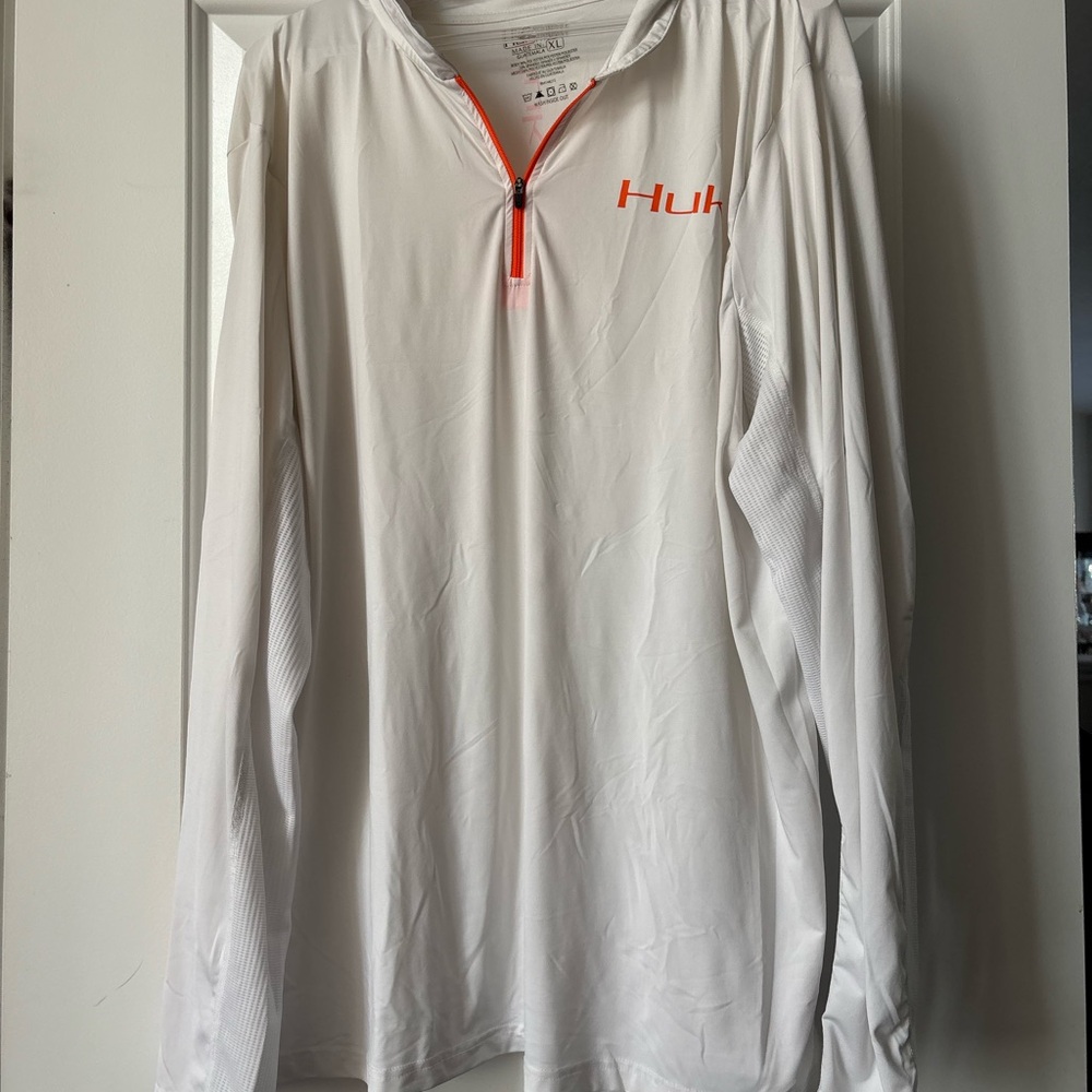 Huk Fishing White Performance Pullover with Orange Detail